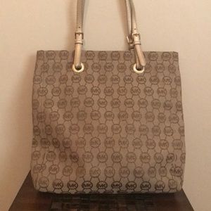 Michael Kors Tan & Brown With Sparkly Gold Thread, Tote Bag And Gold Wallet